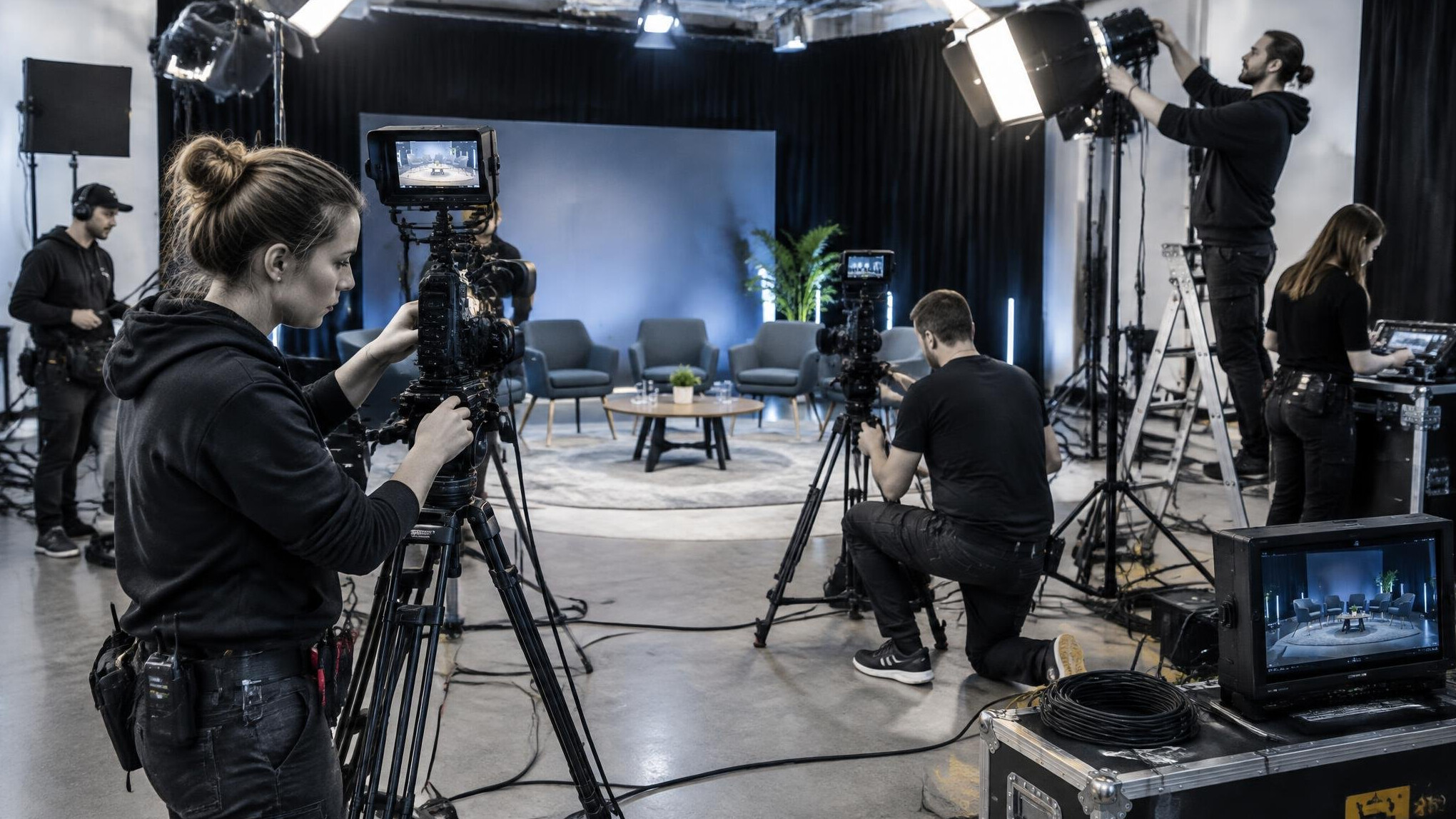 Production crew setting up cameras for a panel discussion recording